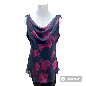 Rose Cowl Neck Blouse Sheer Tank Top by Jessica Howard Vintage Y2K Sequin Lined